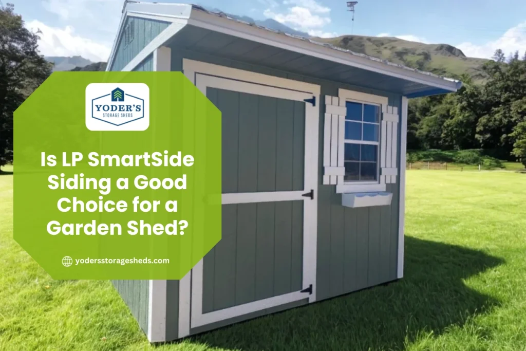 Garden shed with LP SmartSide siding, decorative shutters, flower boxes, and a two foot roof overhang in a landscaped backyard.